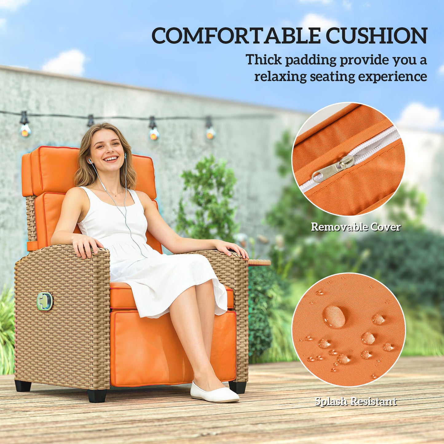 Rattan Garden Recliner Sun Lounger w/ Flip Table, Khaki/Orange