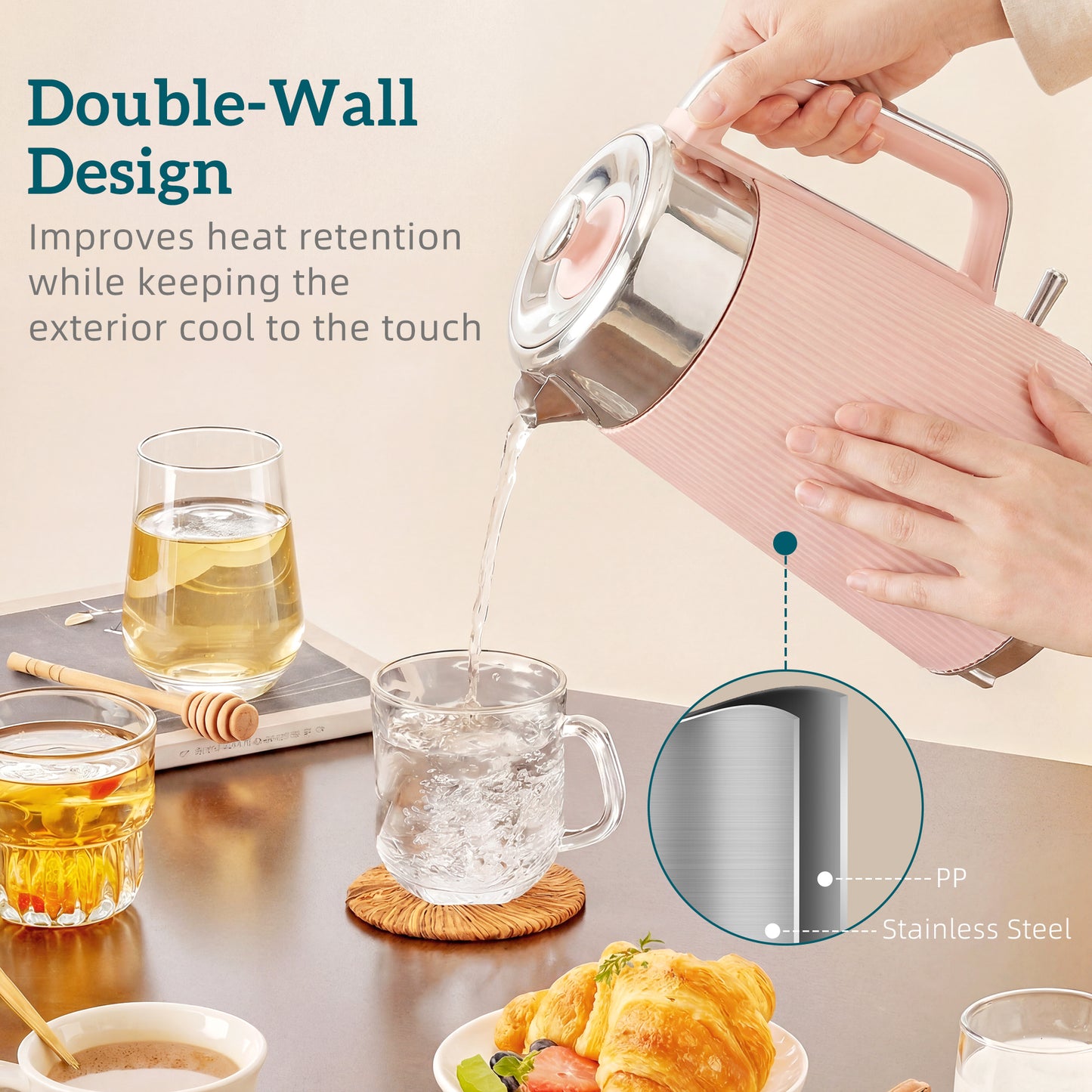 1.7L 3000W Rapid Boil Kettle and 4 Slice Toaster Set Crumb Tray Pink
