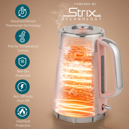 1.7L 3000W Rapid Boil Kettle and 4 Slice Toaster Set Crumb Tray Pink
