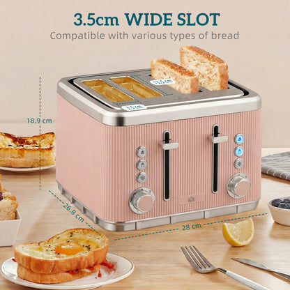 1.7L 3000W Rapid Boil Kettle and 4 Slice Toaster Set Crumb Tray Pink