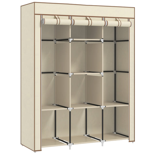 Fabric Portable Wardrobe with 8 Shelves 2 Hanging Rails, Cream White