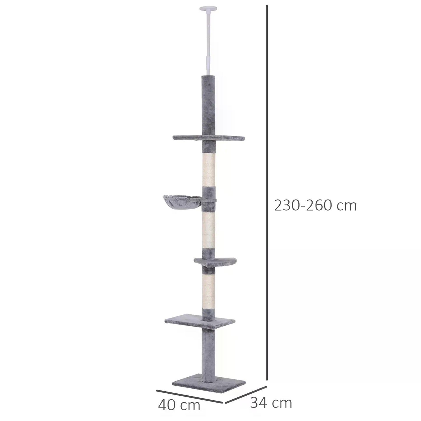 Floor to Ceiling Cat Tree for Indoor Cats 5-Tier Kitty Tower Climbing Activity Center Scratching Post Adjustable Height 230-260 cm Grey
