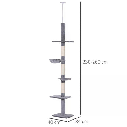 Floor to Ceiling Cat Tree for Indoor Cats 5-Tier Kitty Tower Climbing Activity Center Scratching Post Adjustable Height 230-260 cm Grey