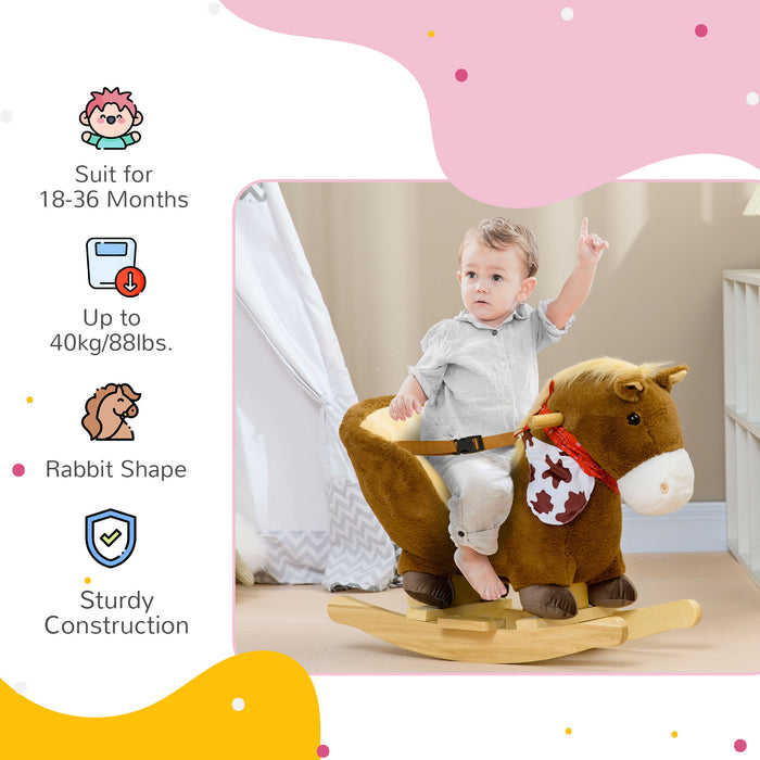 Kids Rocking Horse, Plush Baby Rocking Chair with Safety Harness, Realistic Sound, Foot Pedals, for Toddler Aged 18-36 Months, Brown