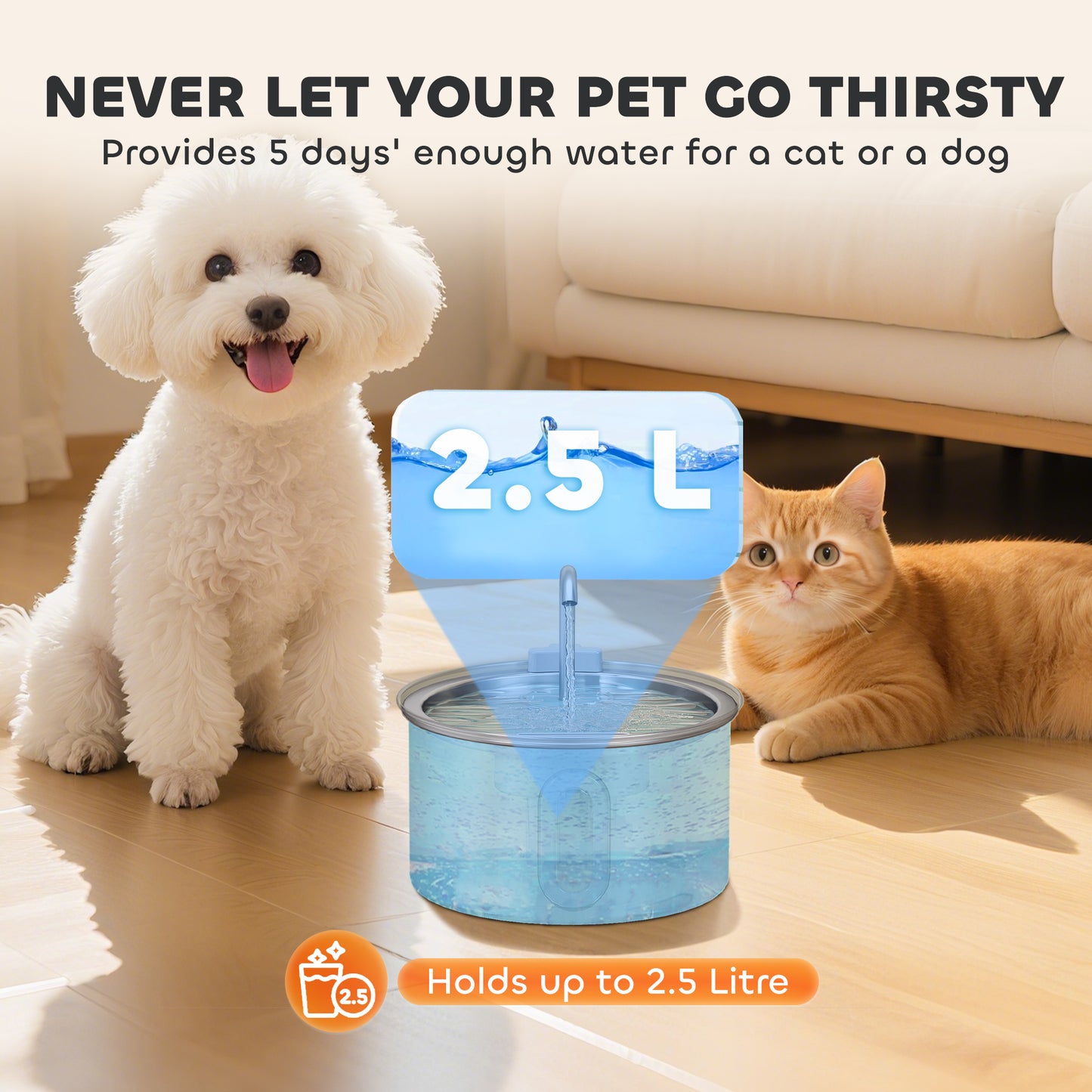 2.5L Cat Water Fountain for Drinking Stainless Steel Ultra-Silent