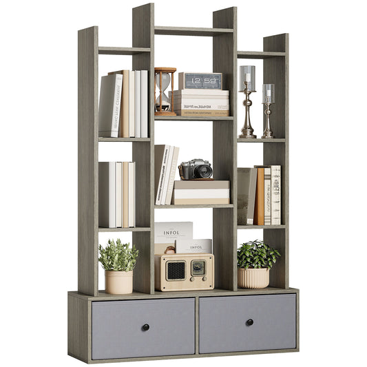 12-Tier Bookshelf, Bookcase w/ 2 Folding Drawer, Graphite Wood Effect