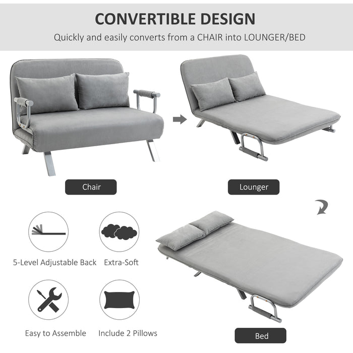 Fabric Convertible 2 Seater Sofa Bed w/ 2 Pillows, Light Grey