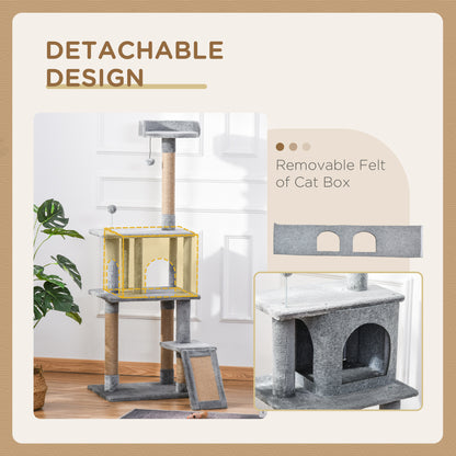Cat Tree Tower for Indoor Cats 142cm Climbing Kitten Activity Center with Jute Scratching Post Board Perch Roomy Condo Removable Felt Hanging Toy, Grey