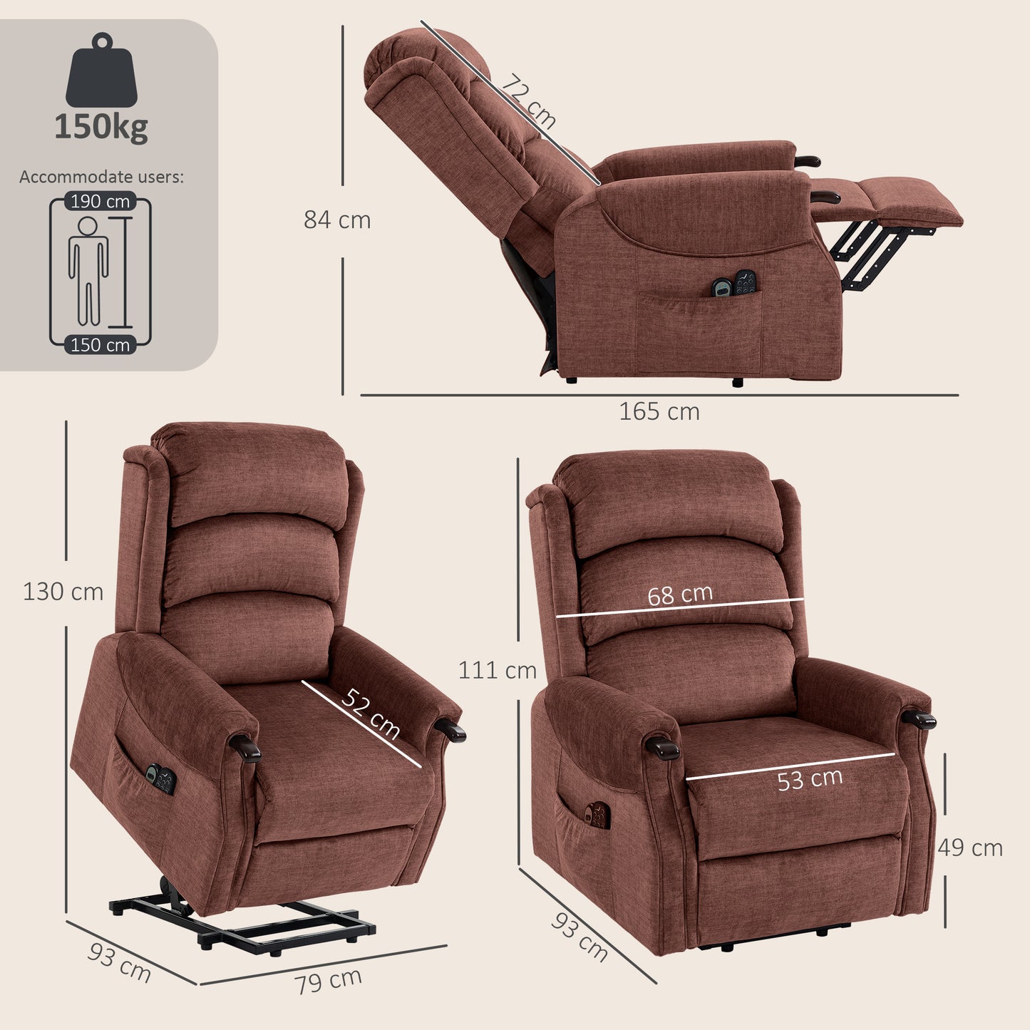 Power Lift Recliner Chair with Vibration Massage and Heat, Electric Lift Chair with Wood Grip, Pocket Spring, Fabric Riser and Reclining Armchair with Remote, Quick Assembly, Brown