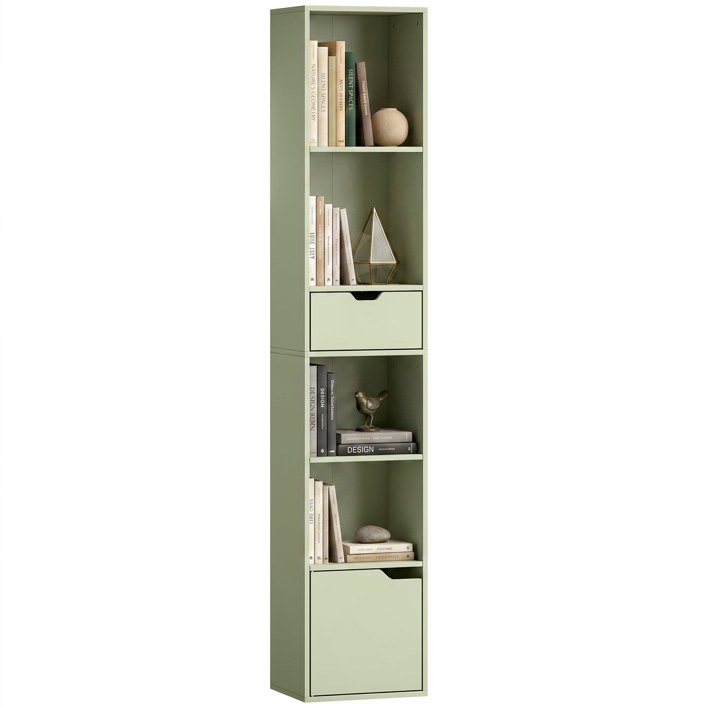 Narrow Bookshelf with Drawer, Tall Bookcase for Living Room, Green
