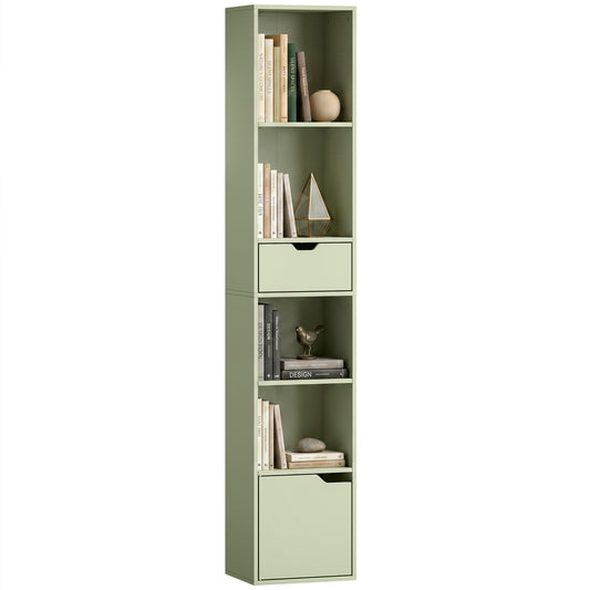 Narrow Bookshelf with Drawer, Tall Bookcase for Living Room, Green