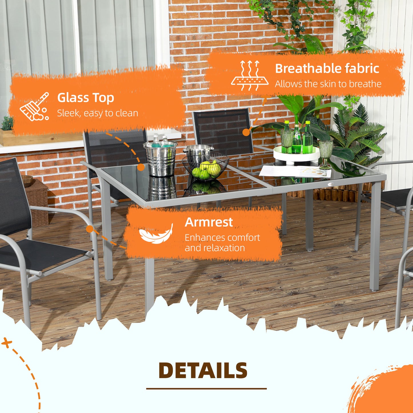 7 Piece Garden Dining Set, Steel Outdoor Table and Chairs, Black