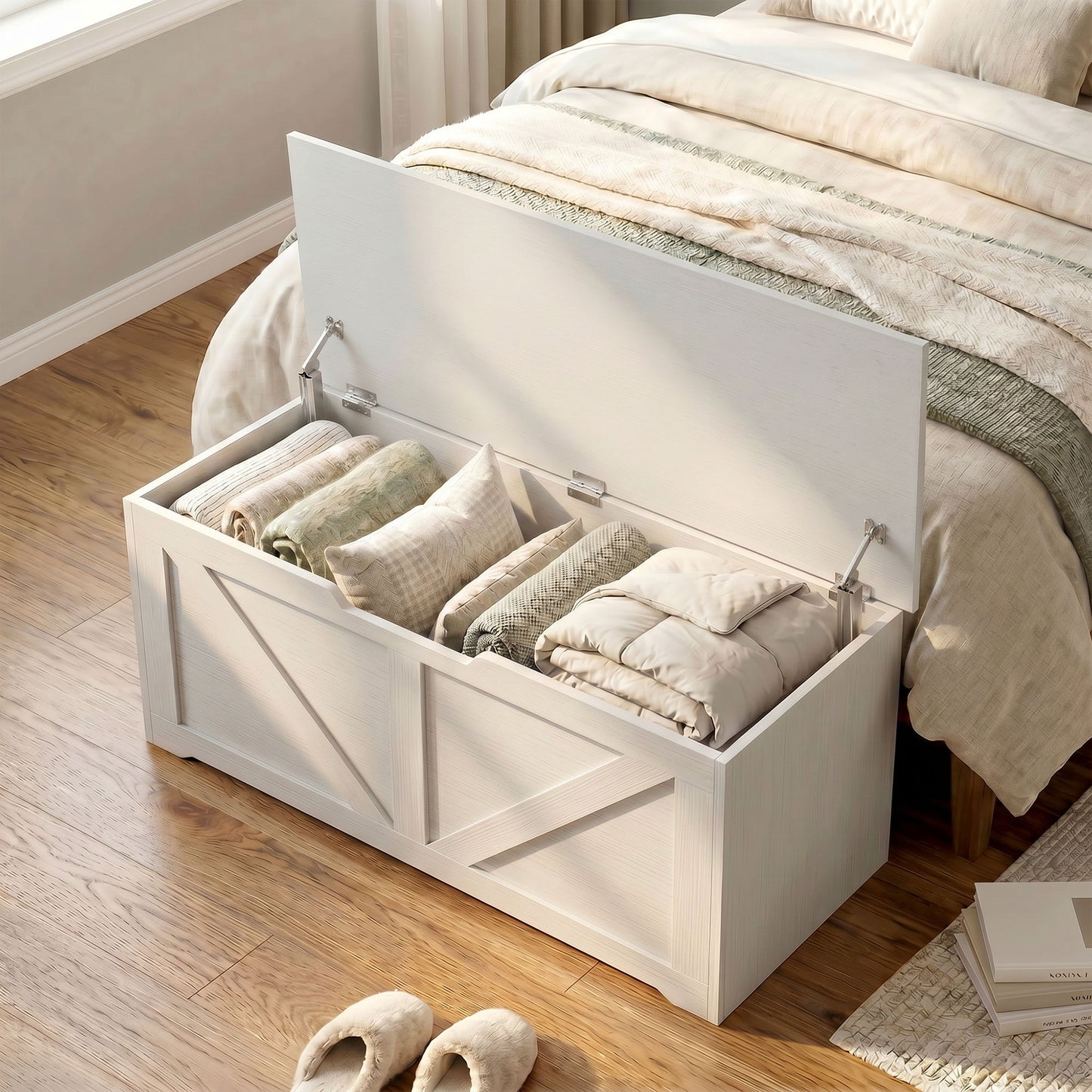 Storage Trunk for Living Room, with Safety Hinges, 100cm, White