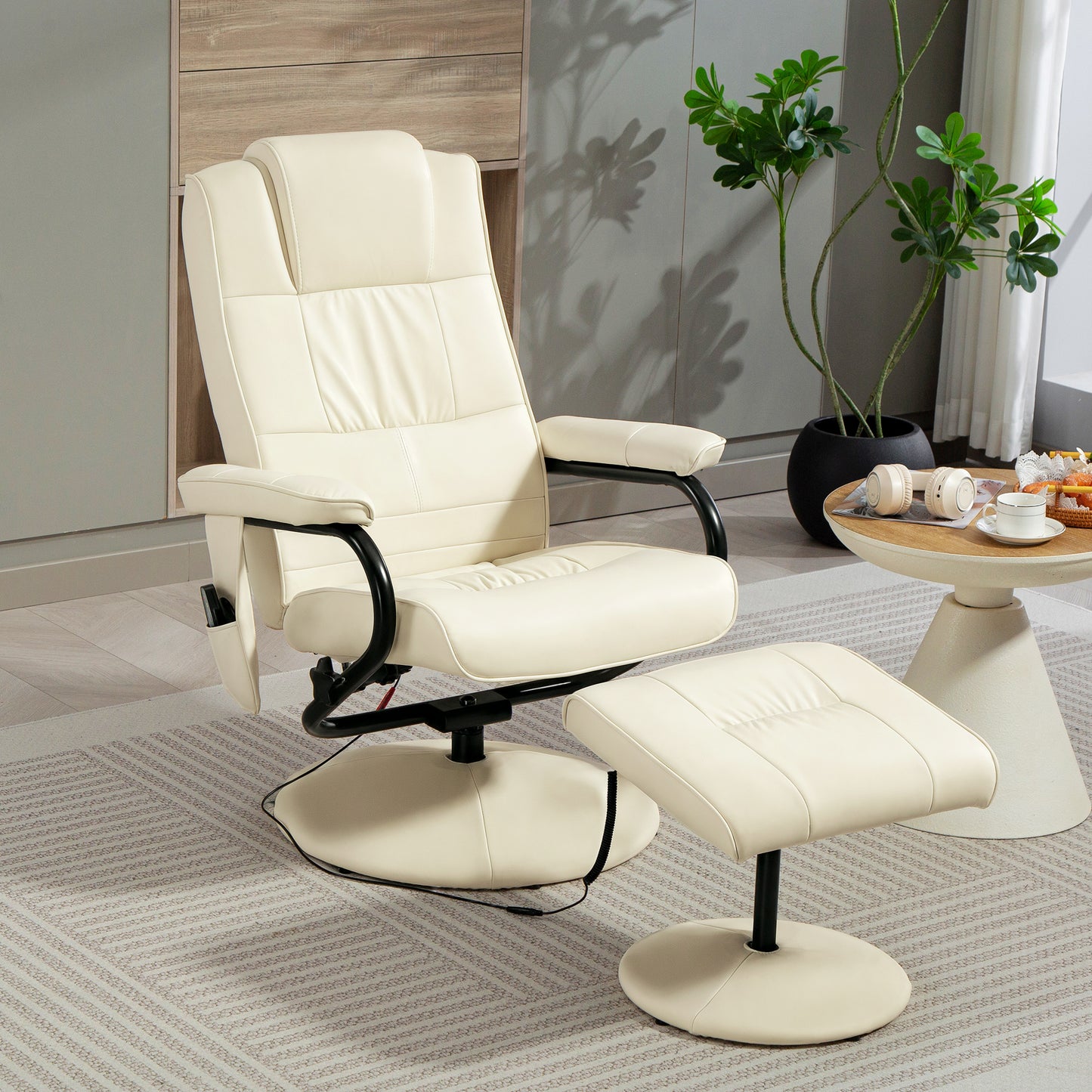 Massage Recliner Chair Cushioned Ottoman 10 Point Vibration Cream