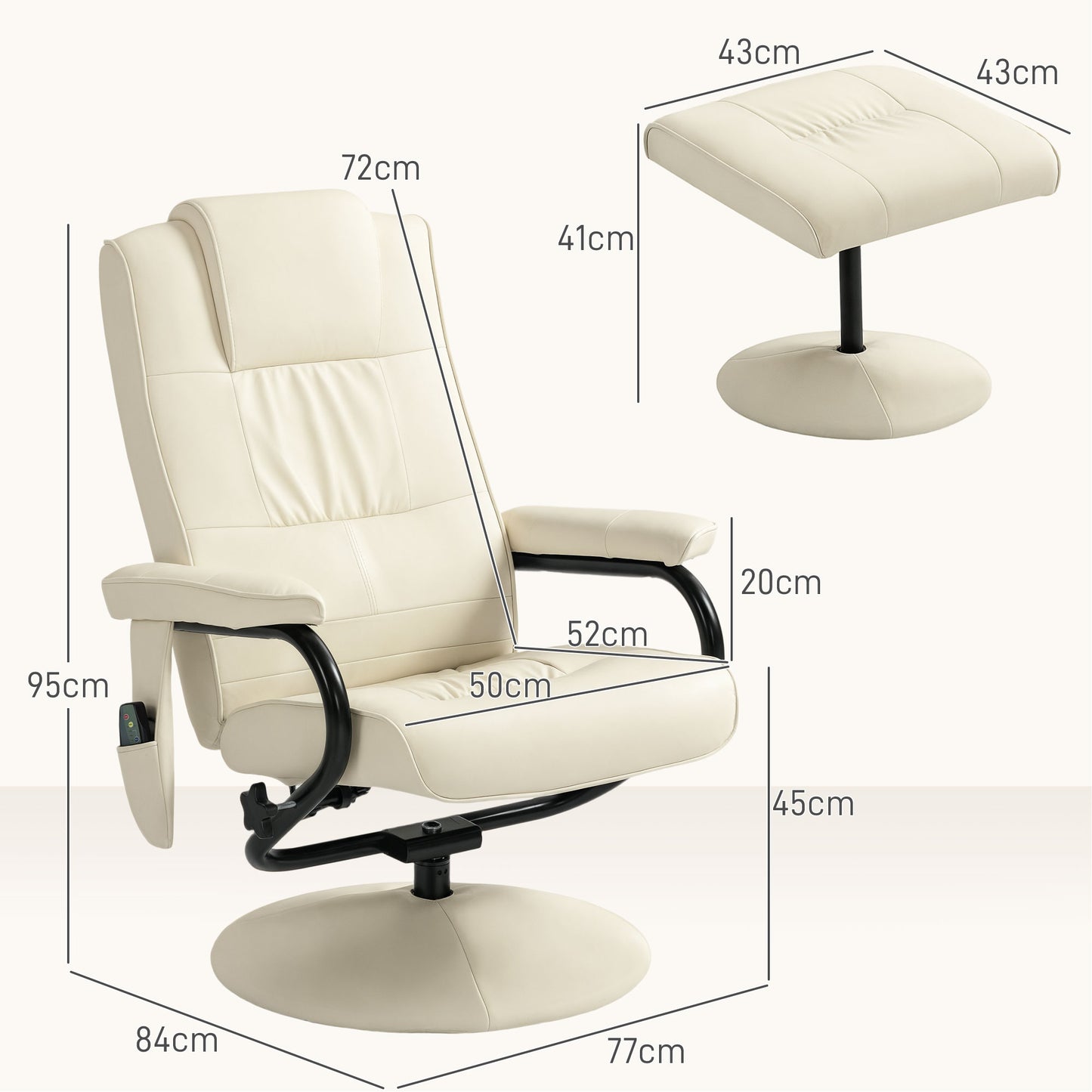 Massage Recliner Chair Cushioned Ottoman 10 Point Vibration Cream