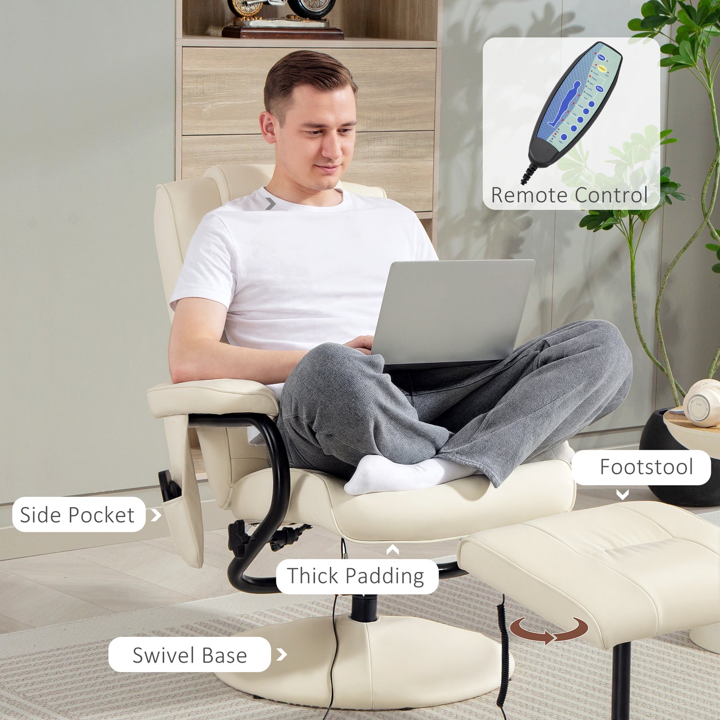 Massage Recliner Chair Cushioned Ottoman 10 Point Vibration Cream