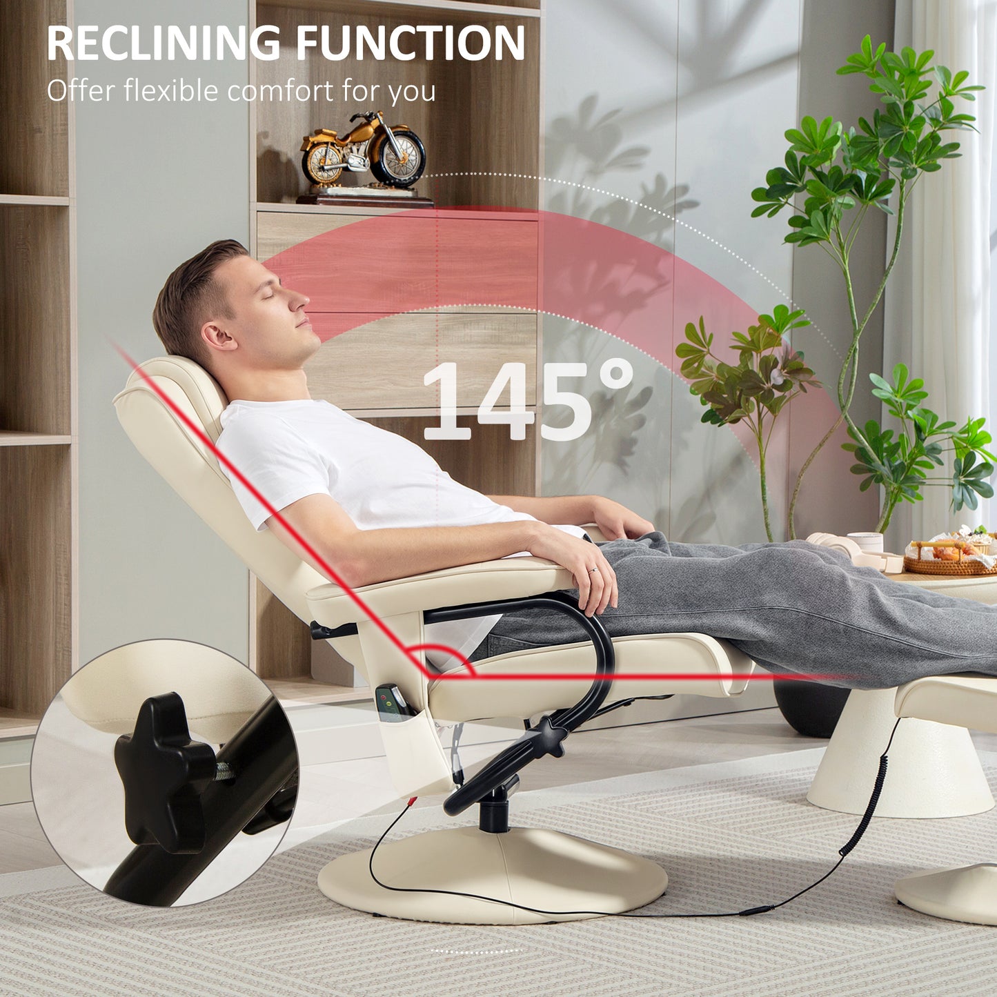 Massage Recliner Chair Cushioned Ottoman 10 Point Vibration Cream