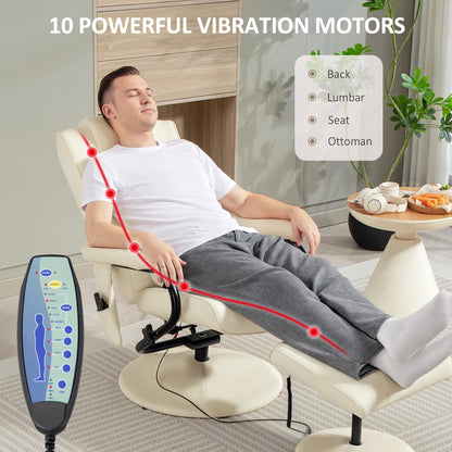 Massage Recliner Chair Cushioned Ottoman 10 Point Vibration Cream