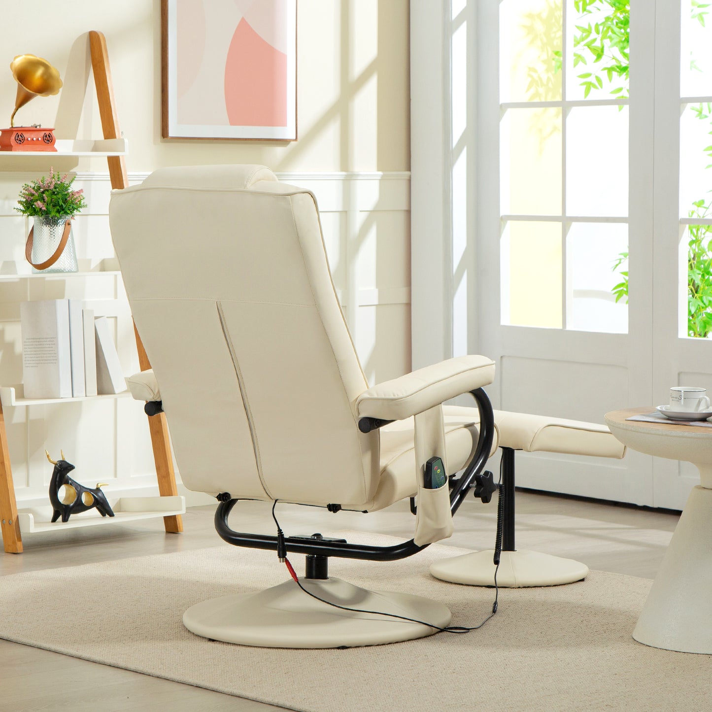 Massage Recliner Chair Cushioned Ottoman 10 Point Vibration Cream