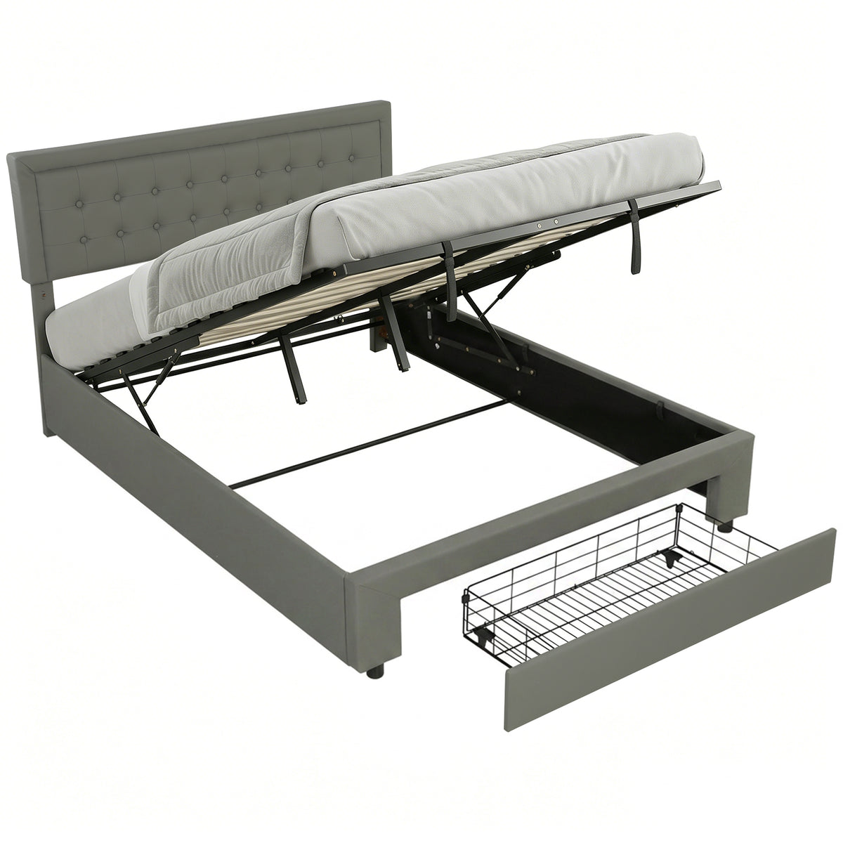 PU Leather King Bed Frame with Storage and Adjustable Headboard, Grey