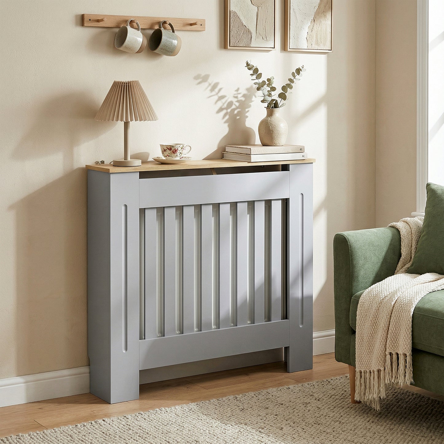 Radiator Cover Wooden Cabinet Vertical Slatted Vent MDF Grey Home