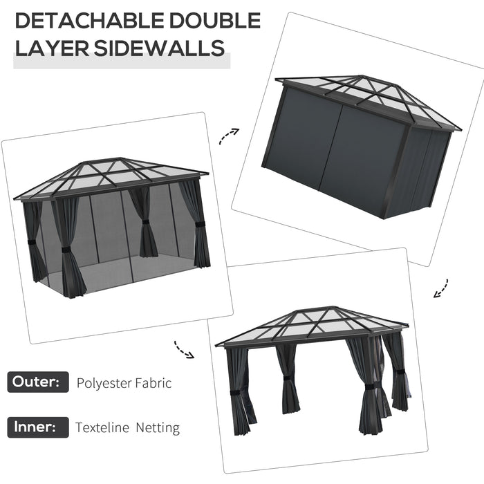 3 x 3.6m Hardtop Gazebo with UV Resistant Polycarbonate Roof and Aluminium Frame, Garden Pavilion with Mosquito Netting and Curtains