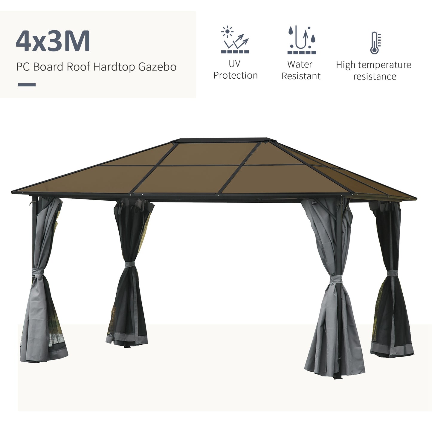 4 x 3(m) Garden Aluminium Gazebo Hardtop Roof Canopy Marquee Party Tent Patio Outdoor Shelter with Mesh Curtains & Side Walls - Grey
