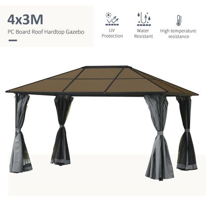 4 x 3(m) Garden Aluminium Gazebo Hardtop Roof Canopy Marquee Party Tent Patio Outdoor Shelter with Mesh Curtains & Side Walls - Grey