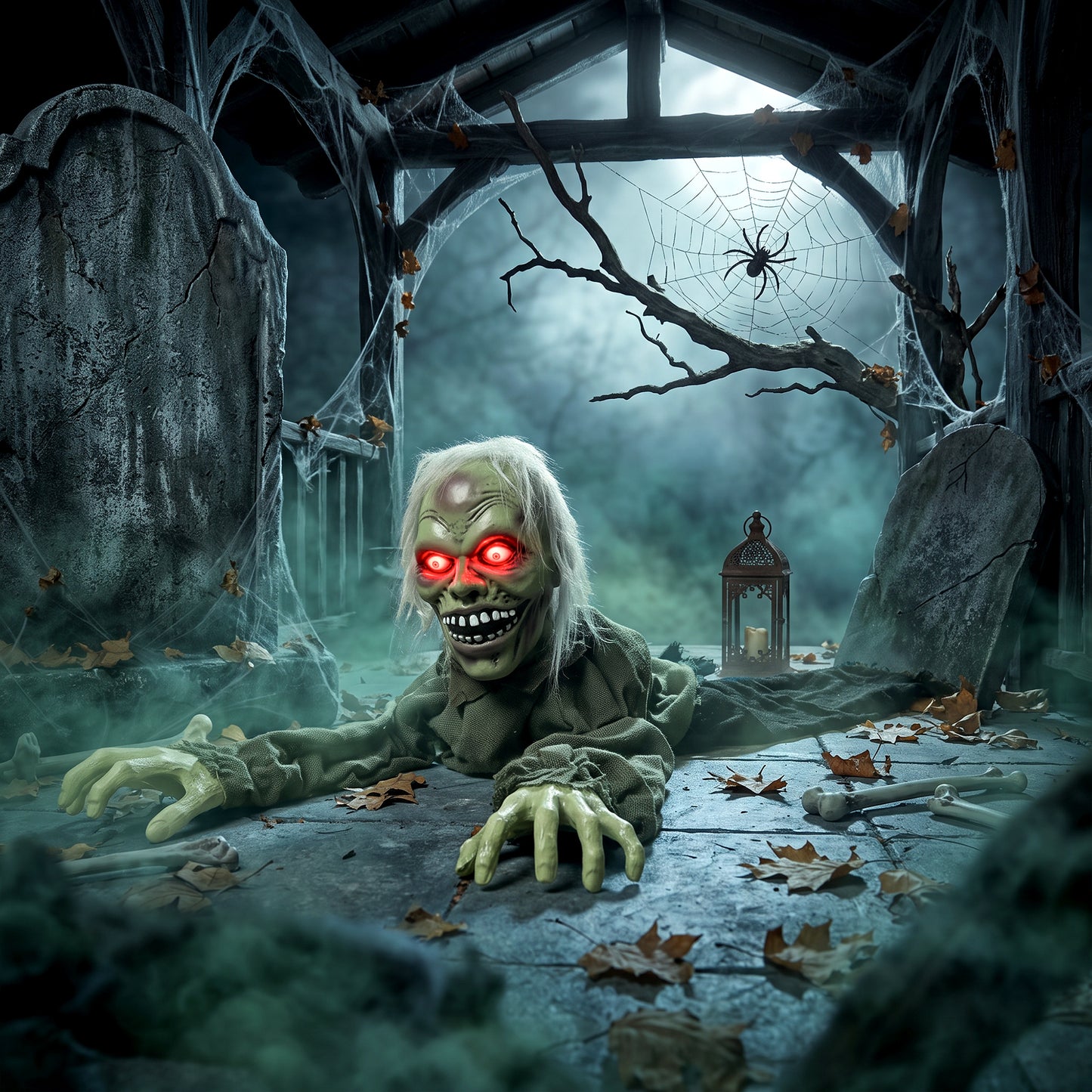 Animatronic Crawling Zombie with Light-Up Eyes and Creepy Sound