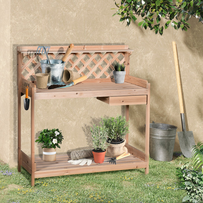 Wooden Garden Potting Table with Drawer Flower Plant Work Bench Workstation Tool Storage Shelves Outdoor Grid