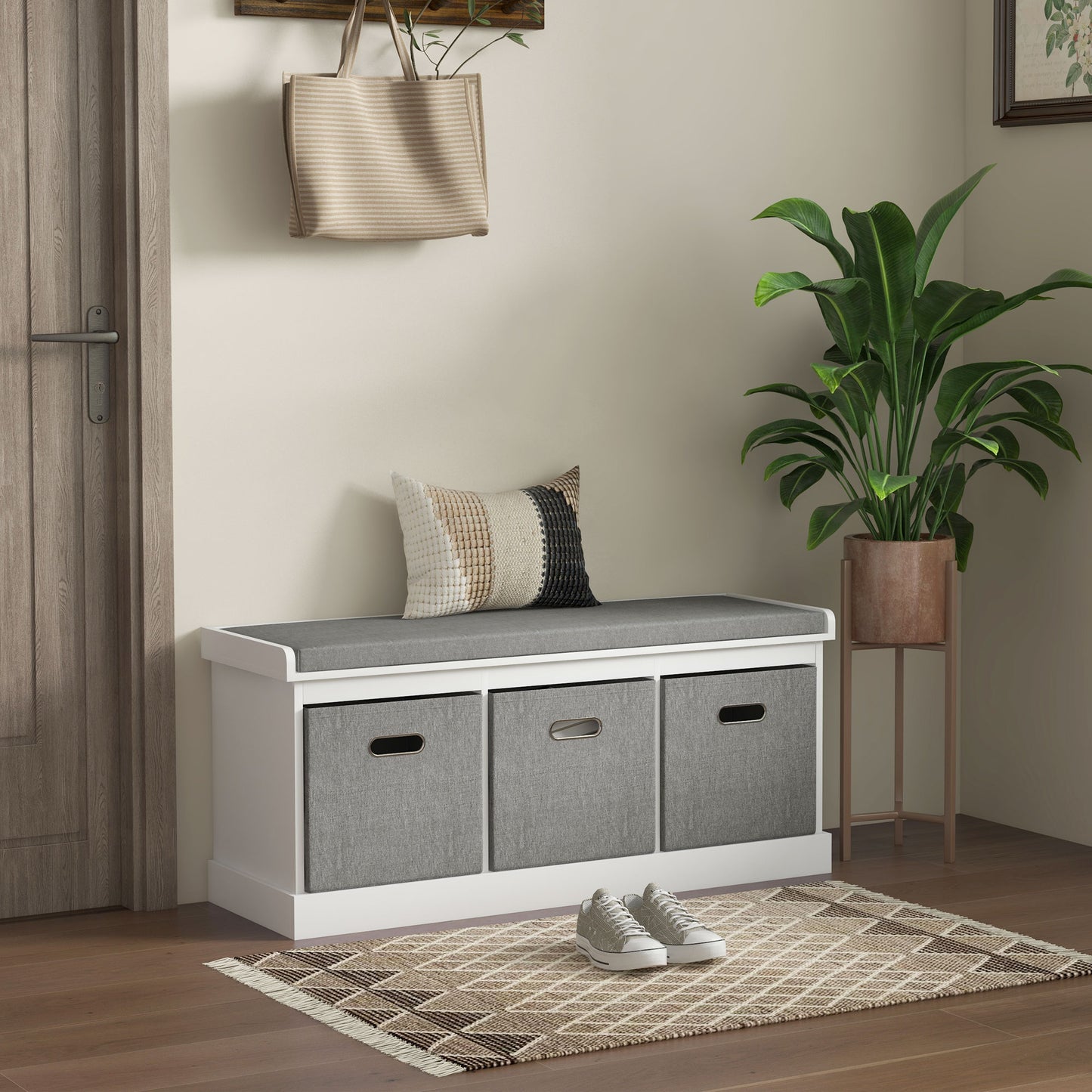 Shoe Bench with Seat, Shoe Storage Bench with Fabric Drawers, White