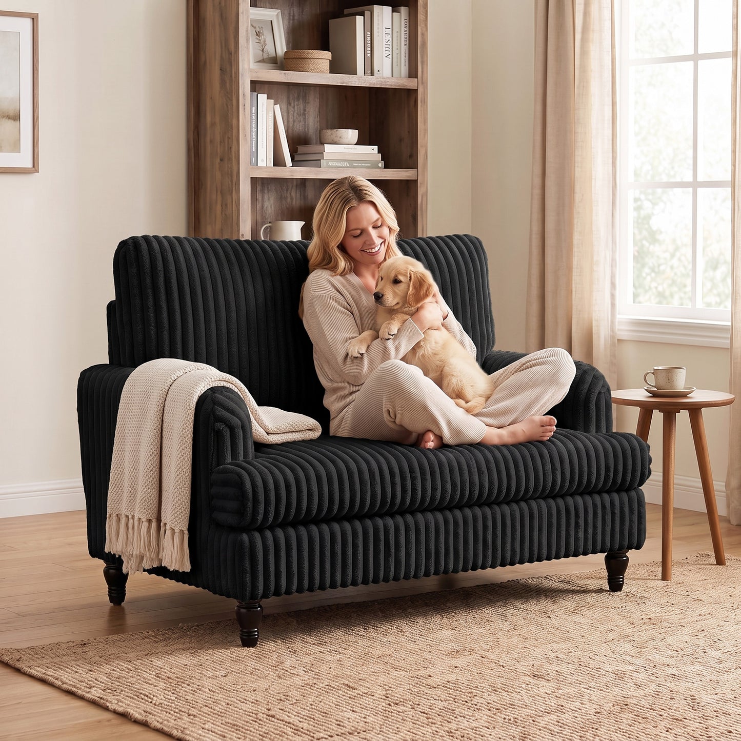 Corduroy Single Sofa Armchair with Stripes, Black