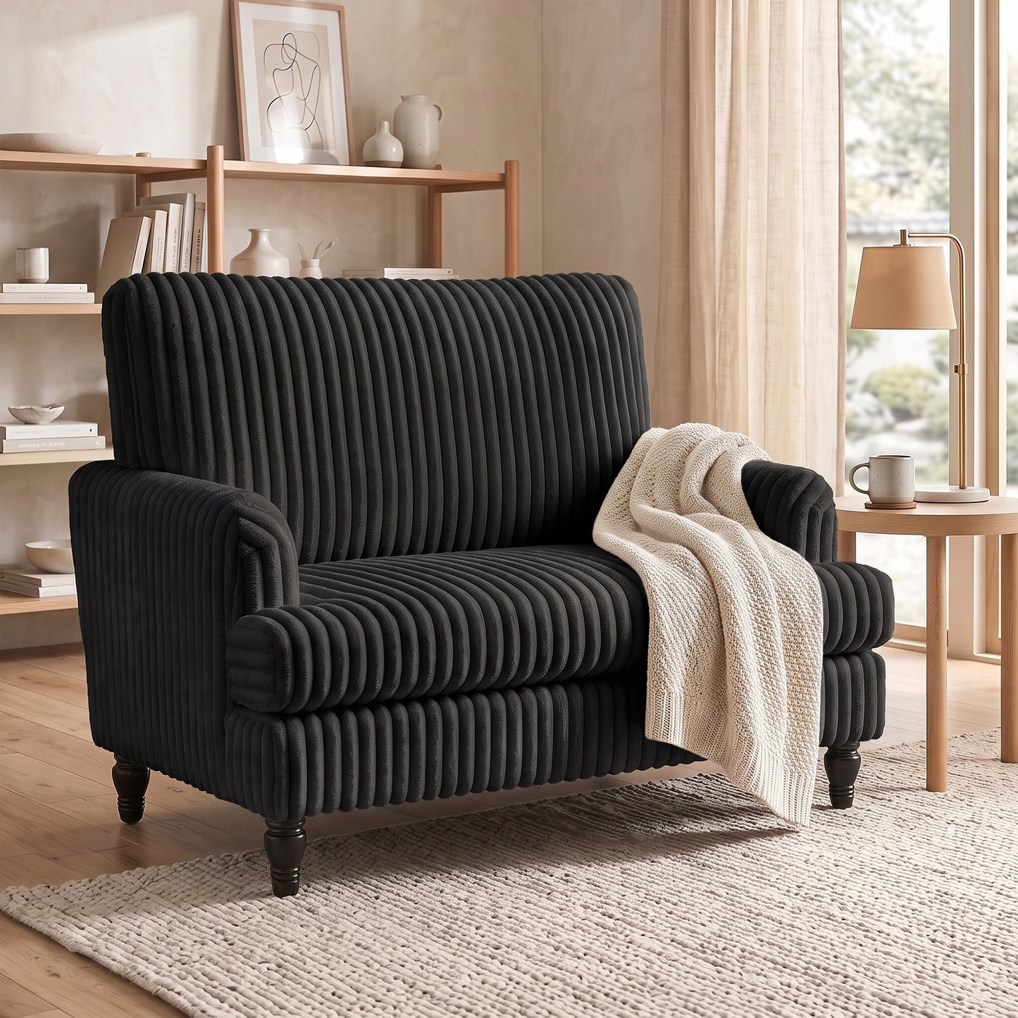 Corduroy Single Sofa Armchair with Stripes, Black