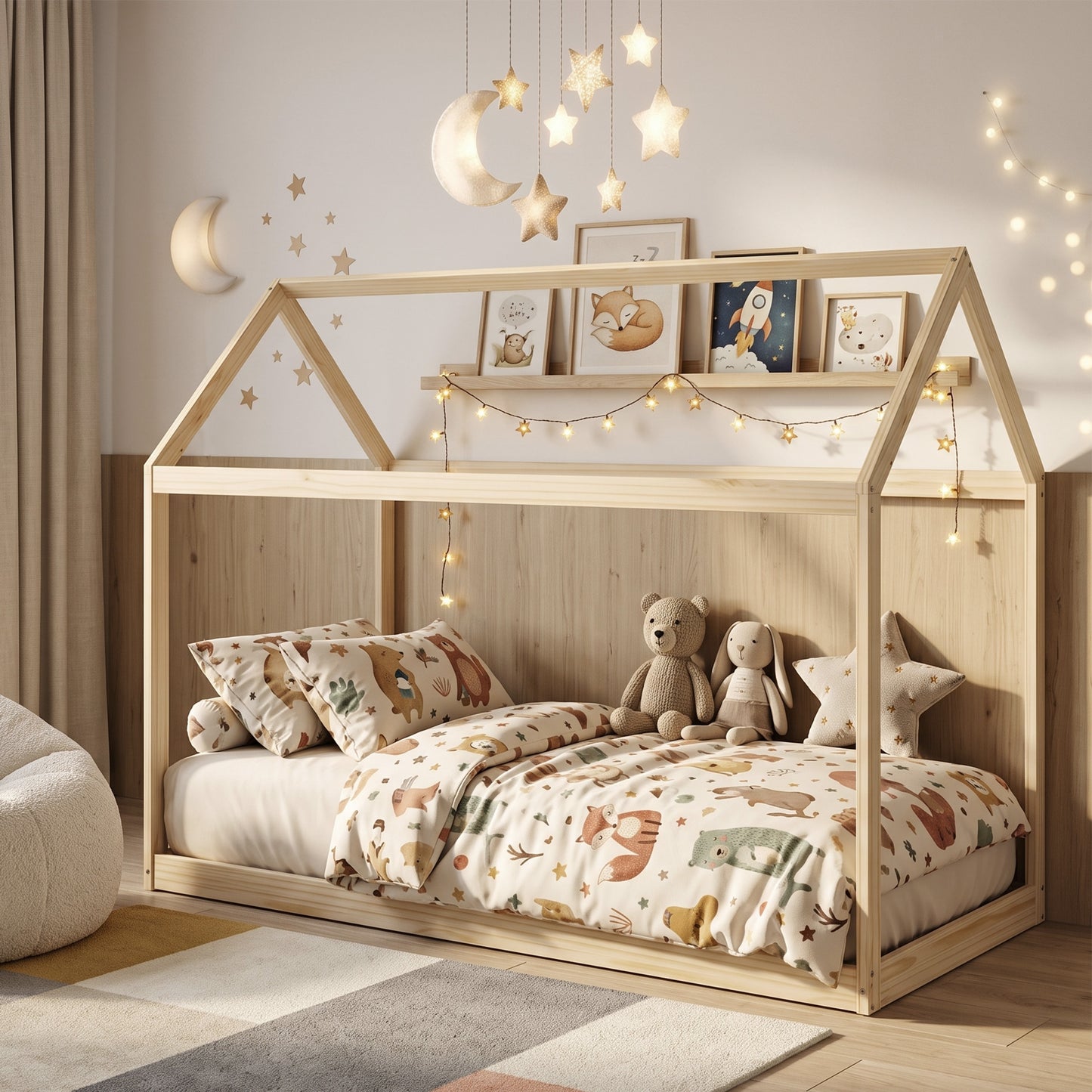 Wooden Single Bed Frame with Tree House Style, Natural Wood Finish