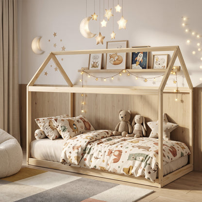 Wooden Single Bed Frame with Tree House Style, Natural Wood Finish