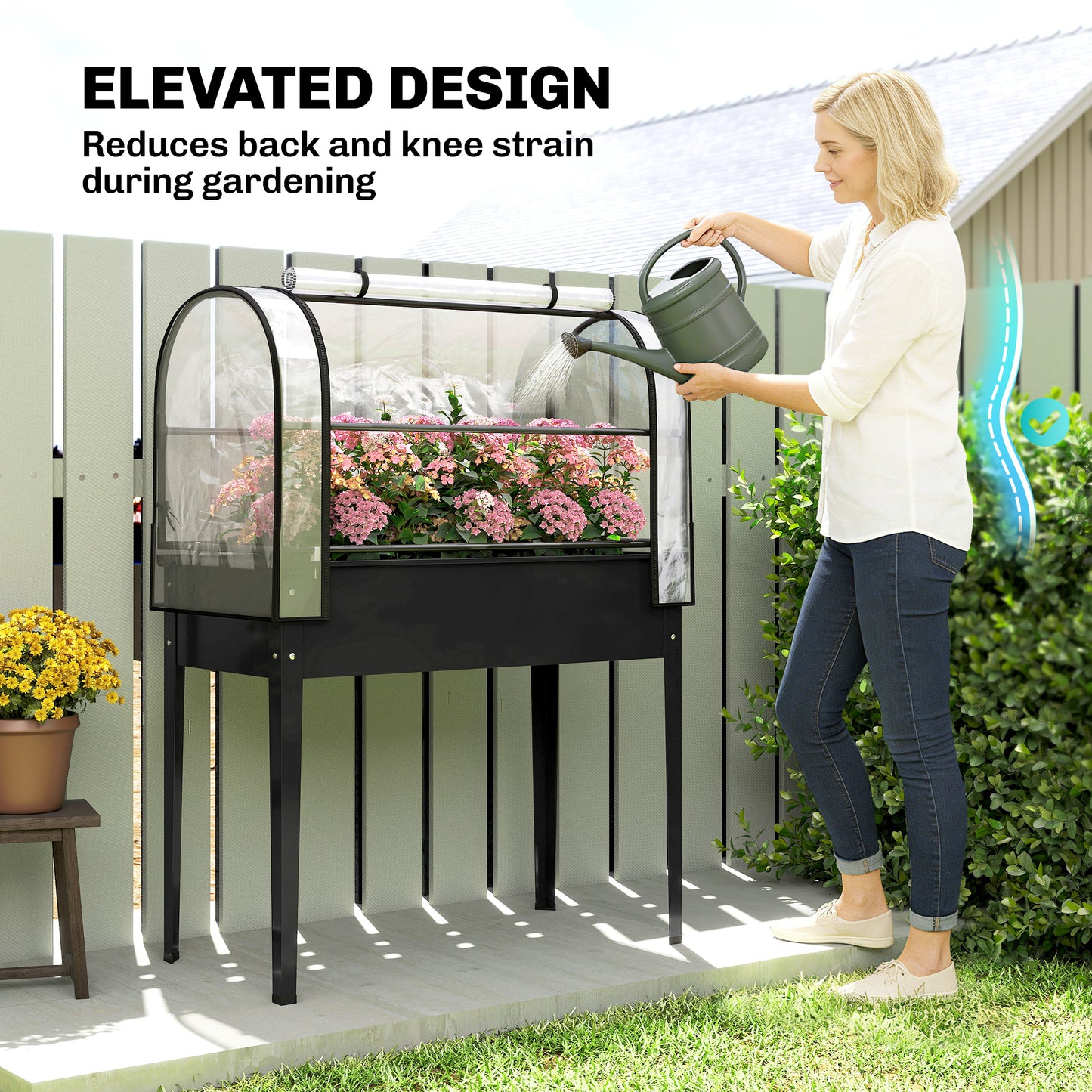 Raised Planter with Flip-Up Greenhouse Cover, Metal Raised Garden Bed on Legs with Drainage Hole and Gloves, Outdoor Elevated Garden Planter for Vegetables, Herbs, Flowers, Black
