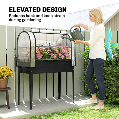 Raised Planter with Flip-Up Greenhouse Cover, Metal Raised Garden Bed on Legs with Drainage Hole and Gloves, Outdoor Elevated Garden Planter for Vegetables, Herbs, Flowers, Black