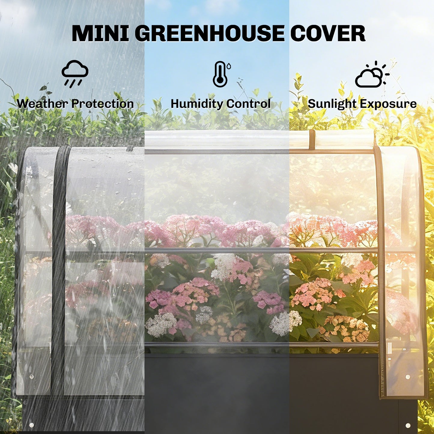 Metal Raised Planter with Flip-Up Greenhouse, Drainage Hole, Black