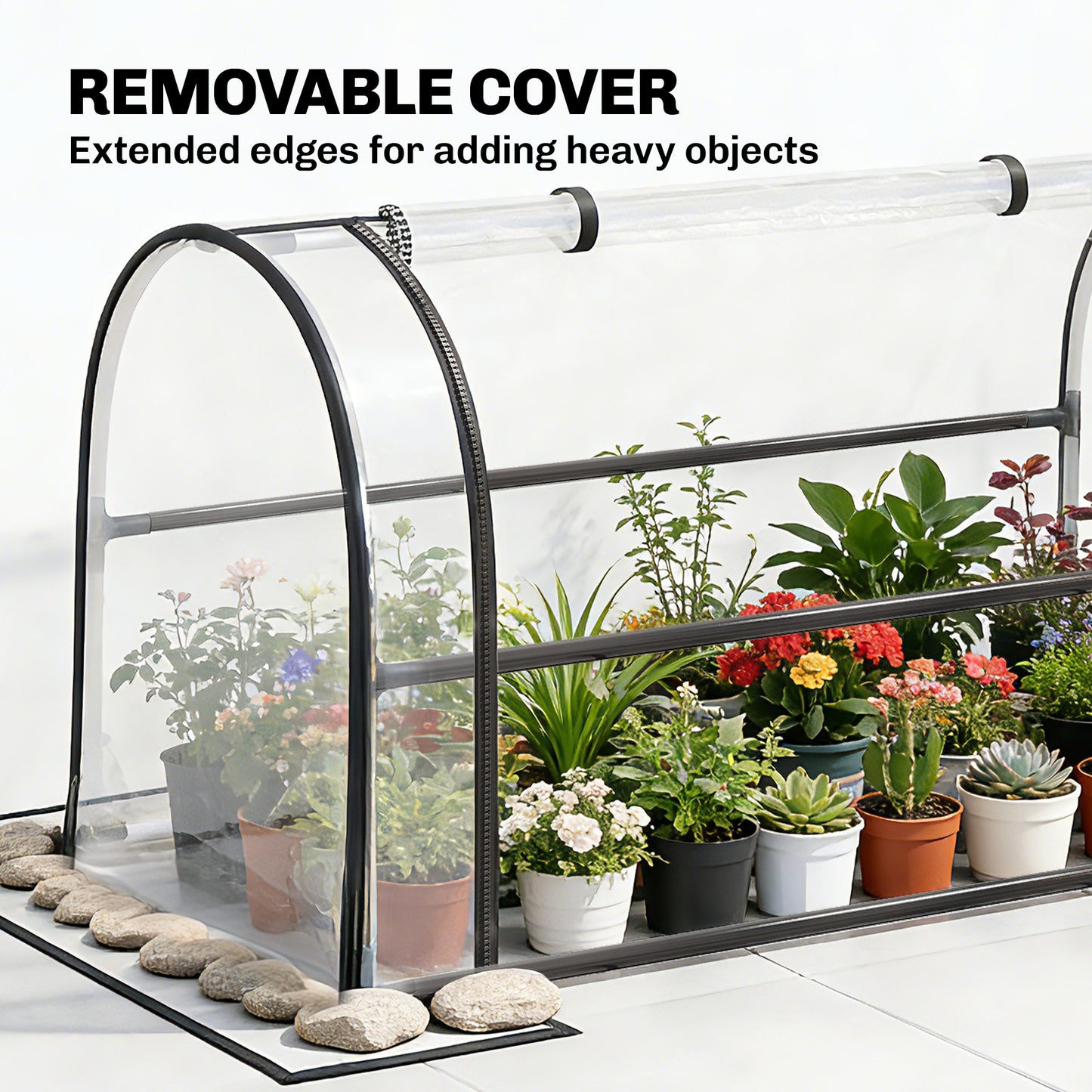Raised Planter with Flip-Up Greenhouse Cover, Metal Raised Garden Bed on Legs with Drainage Hole and Gloves, Outdoor Elevated Garden Planter for Vegetables, Herbs, Flowers, Black