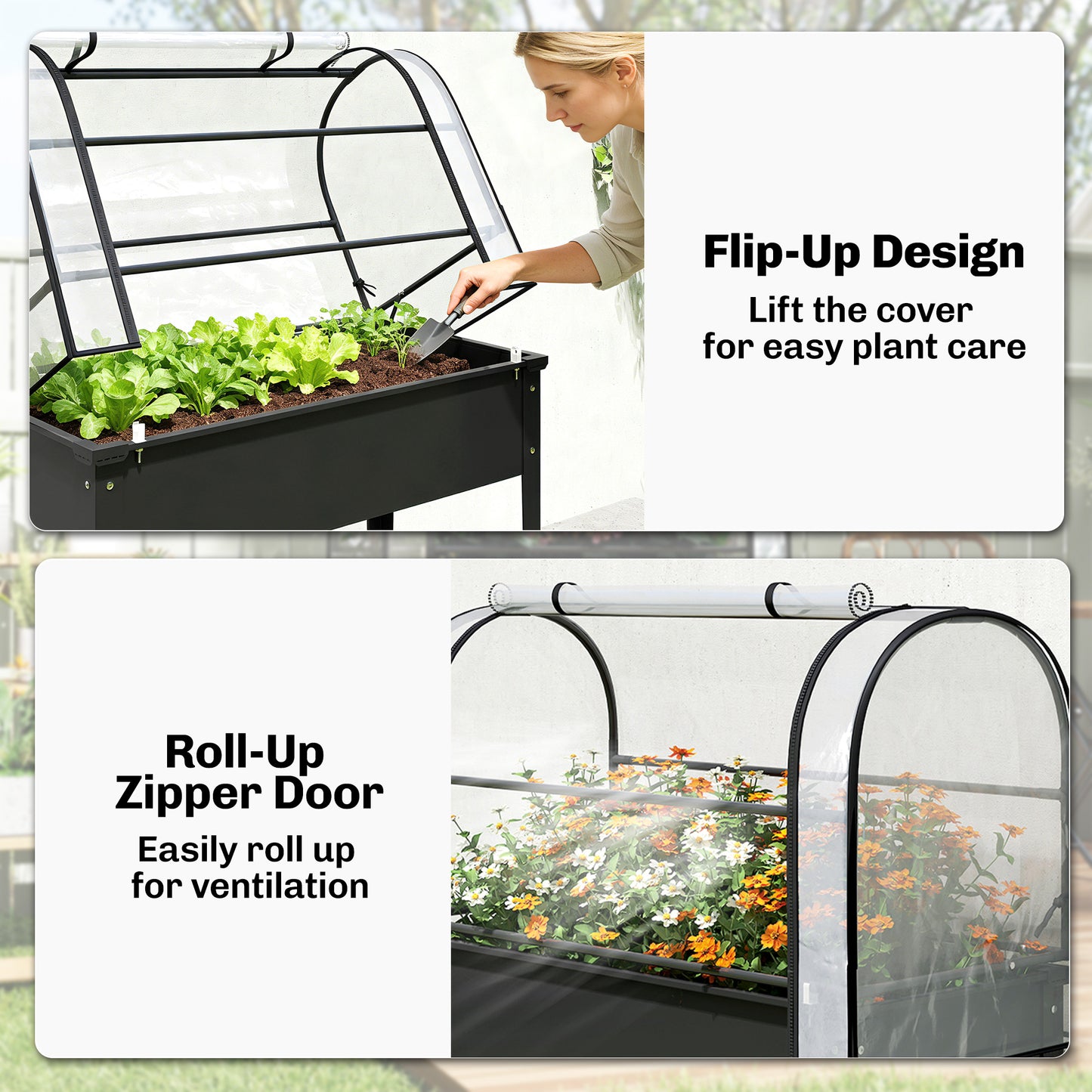 Metal Raised Planter with Flip-Up Greenhouse, Drainage Hole, Black