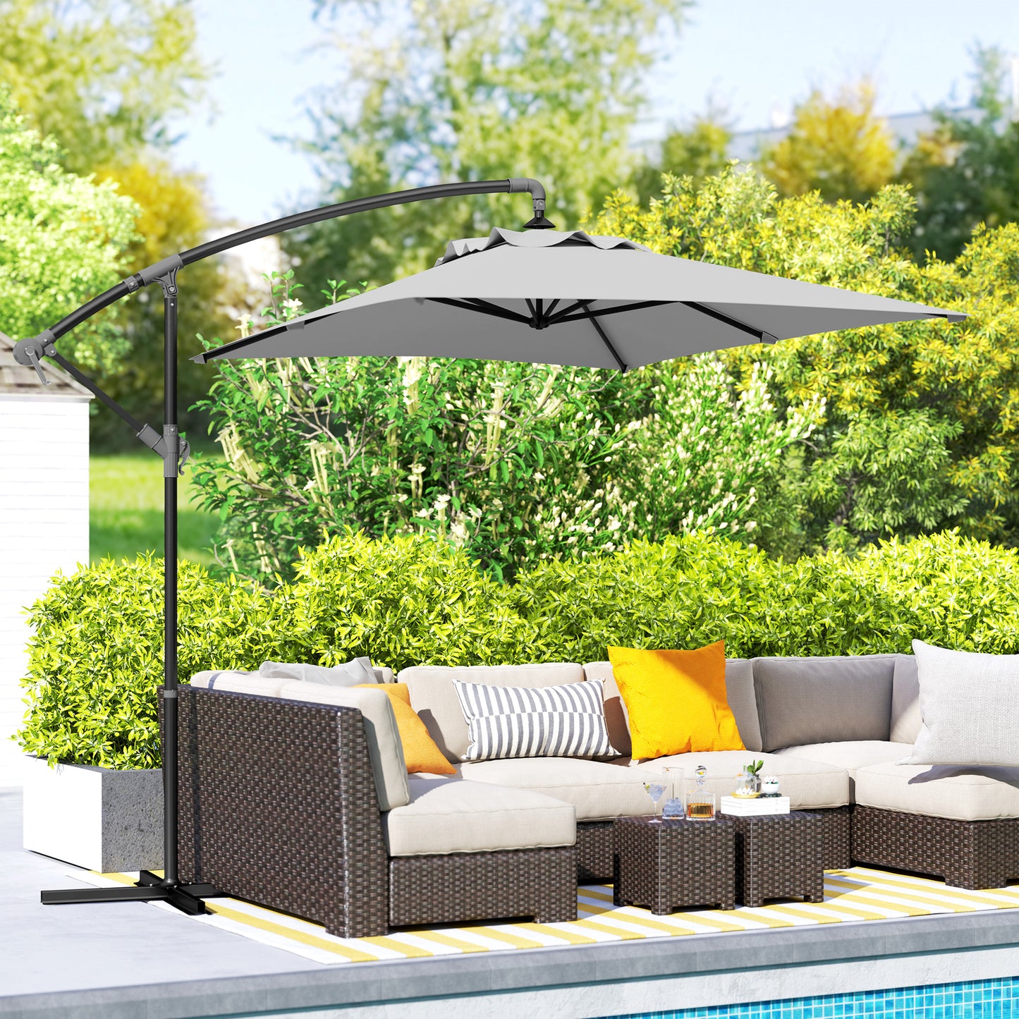 3 m Cantilever Parasol with Cross Base, Crank Handle, Light Grey