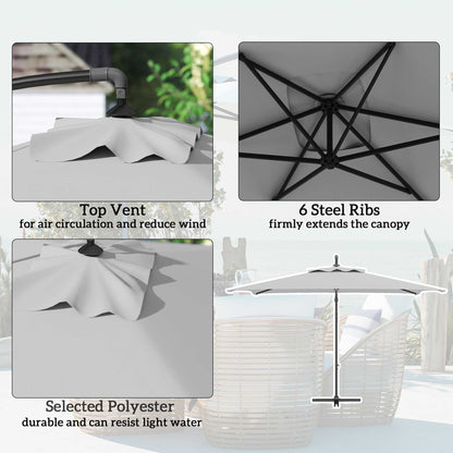 3 m Cantilever Parasol with Cross Base, Crank Handle, Light Grey