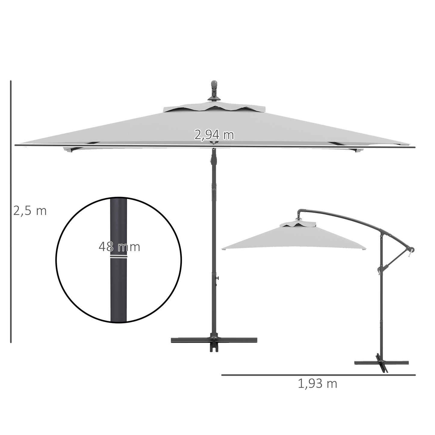 3 m Cantilever Parasol with Cross Base, Crank Handle, Light Grey