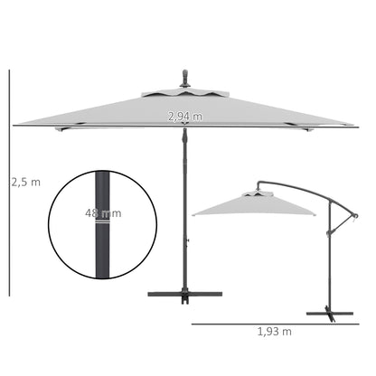 3 m Cantilever Parasol with Cross Base, Crank Handle, Light Grey