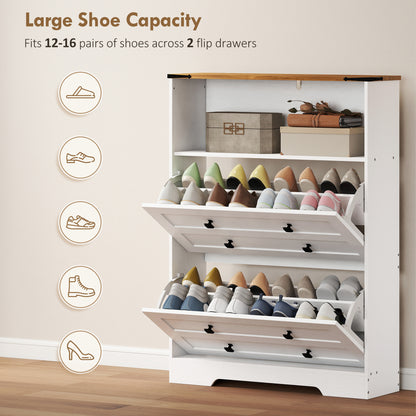 Narrow Shoe Cabinet, Farmhouse Shoe Storage Cabinet with 2 Flip Drawers, Adjustable Shelves and Open Shelf for Hallway, Space Saving, Holds 12-16 Pairs, White
