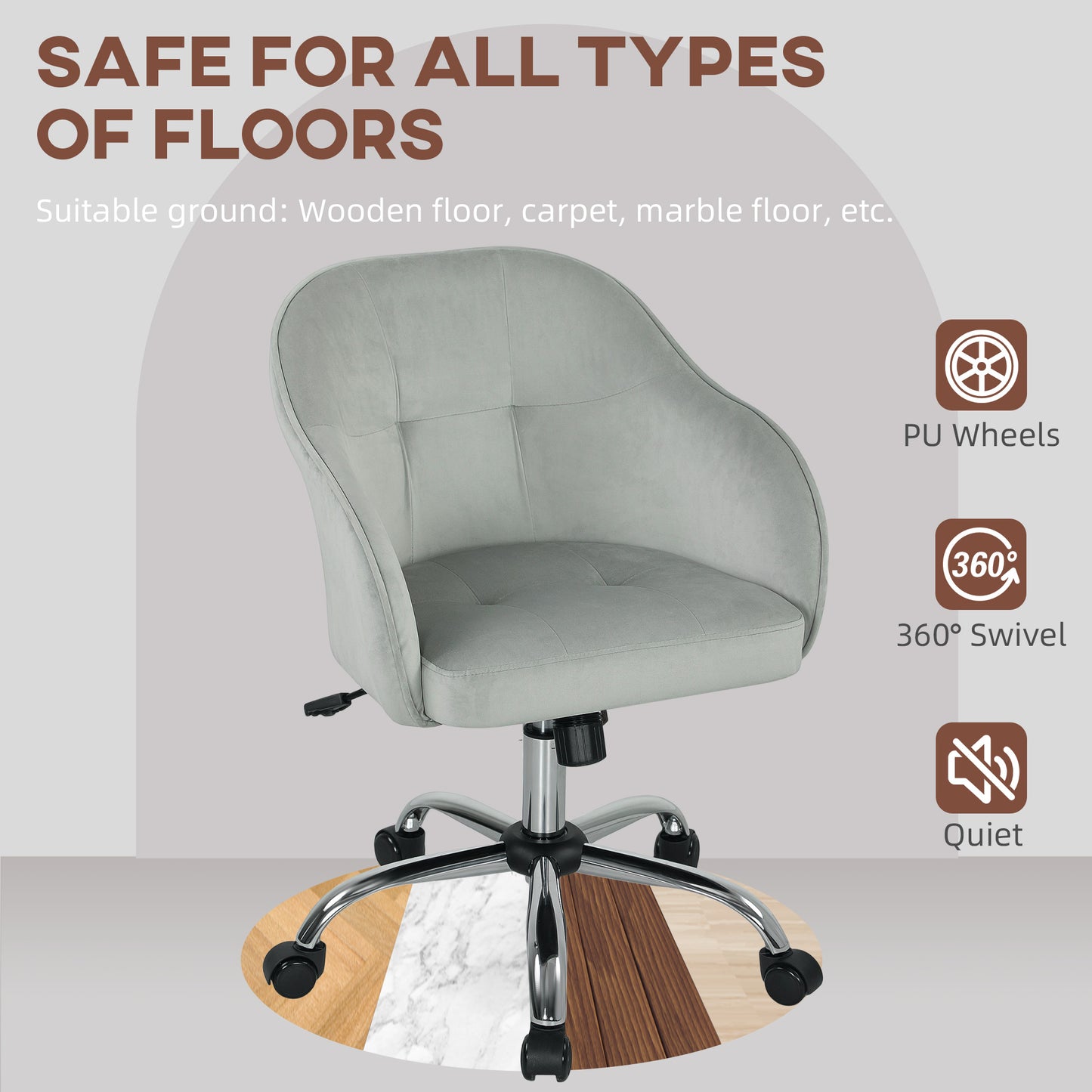 Vanity Chair for Desk, with Height Adjustable, Wheels, Grey