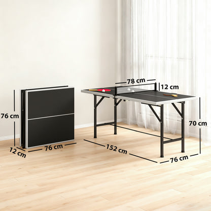 5ft Mid-Size Table Tennis Table, Ping Pong Table with Net, 2 Table Tennis Paddles and 3 Balls, Multi-Use for Indoor Game, Black
