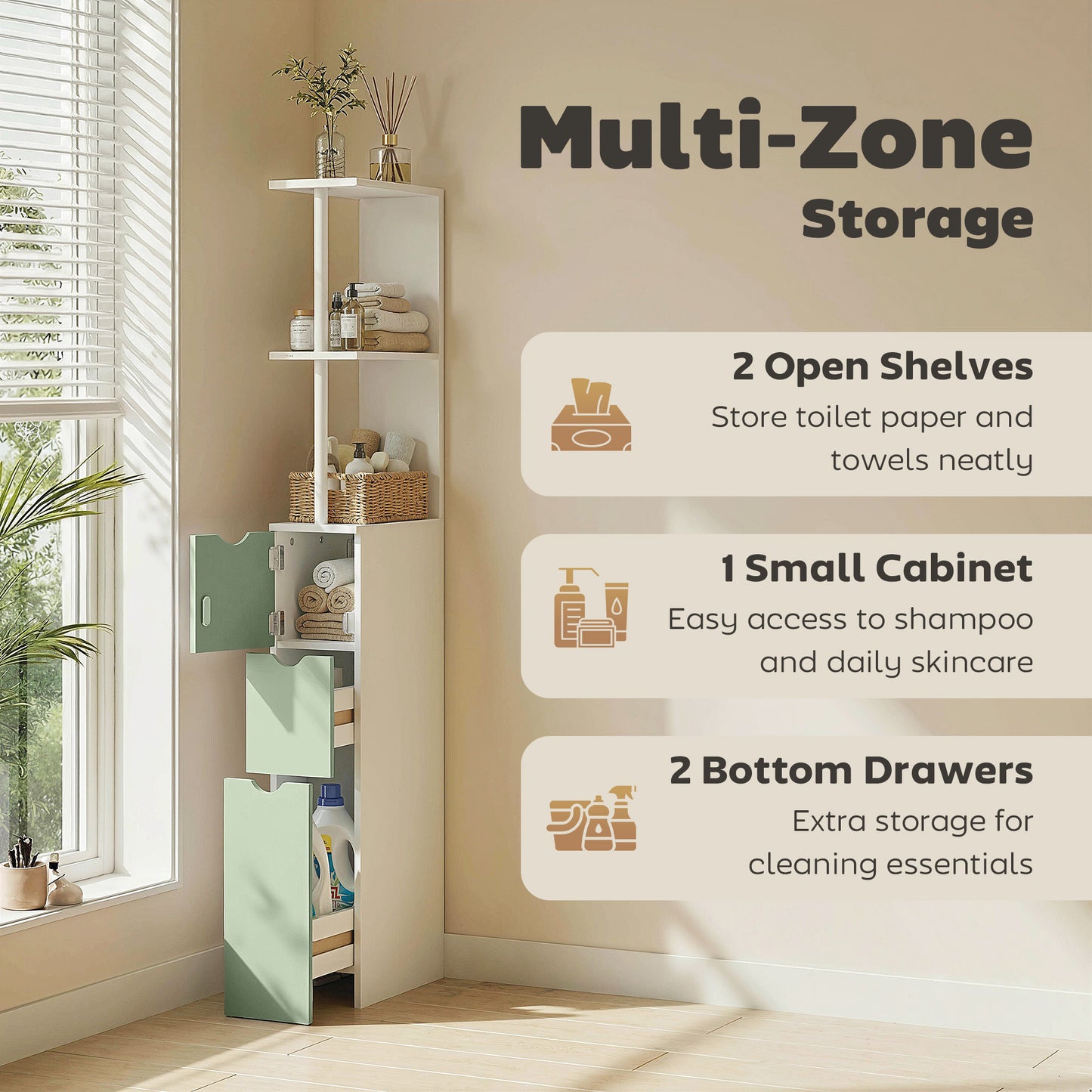 Freestanding Bathroom Storage Cabinet with 2-Tier Shelf, Light Green