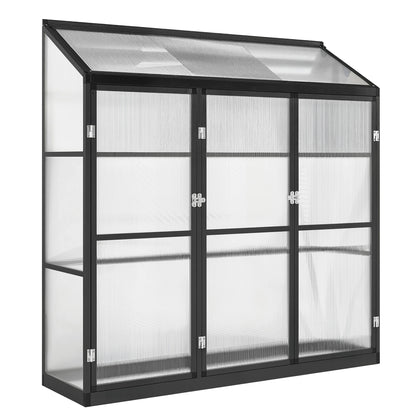 6 x 1.5ft Polycarbonate Greenhouse with 3 Hinged Doors, Top Vent, Lean-to Green House, Aluminium Walk-in Greenhouse for Patio Garden, Black