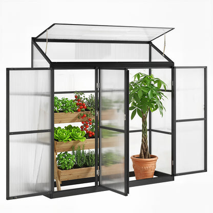 6 x 1.5ft Polycarbonate Greenhouse with 3 Hinged Doors, Top Vent, Lean-to Green House, Aluminium Walk-in Greenhouse for Patio Garden, Black